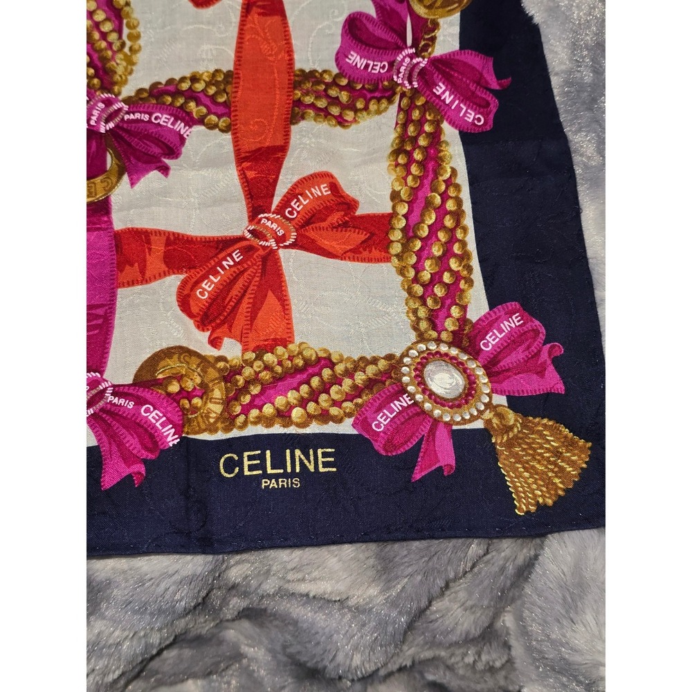 EUC Celine Paris Silk Scarf Bandana‎ Neckerchief Ribbon Bow Print 20x20 - Picture 2 of 3
